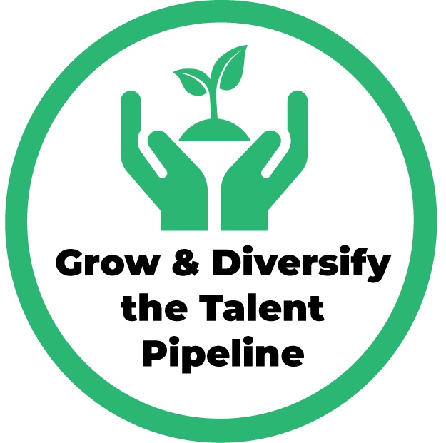 Icon with Hands & Plant with the text "Grow & Diversify the Talent Pipeline"