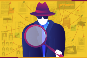 A character illustration of a detective holding a magnifying glass. A wall of evidence is posted behind the character.